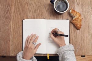 Notitzbuch, Kaffeetasse und Croissant als Symbol für Brotblogger