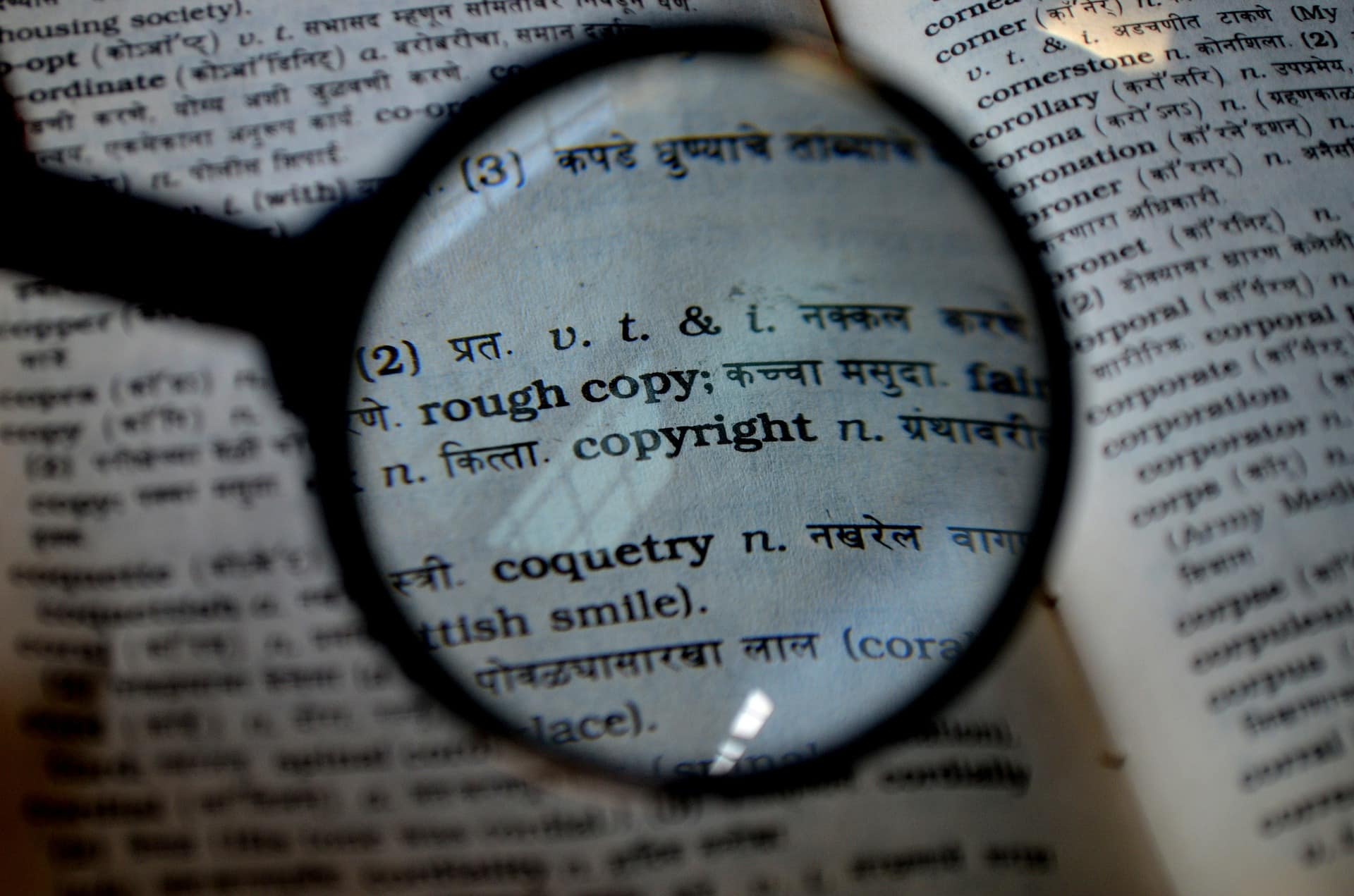 Blick durch eine Lupe auf das Wort copyright.