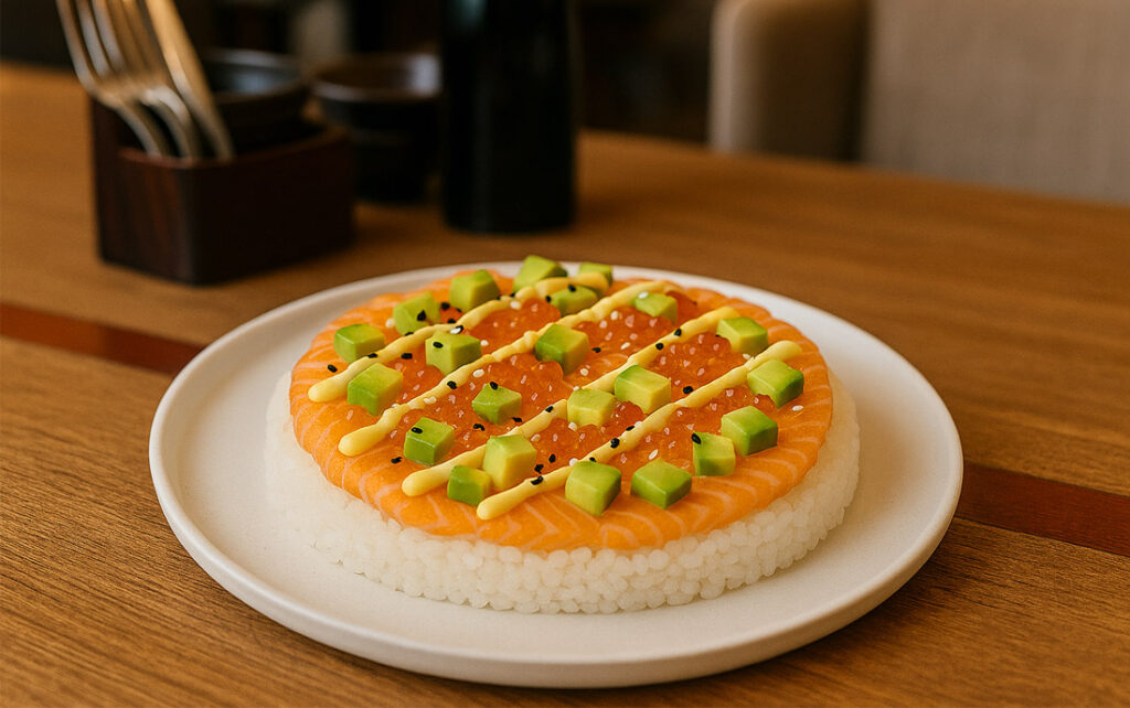 Chaos Cuisine Sushi in Form einer Pizza.
