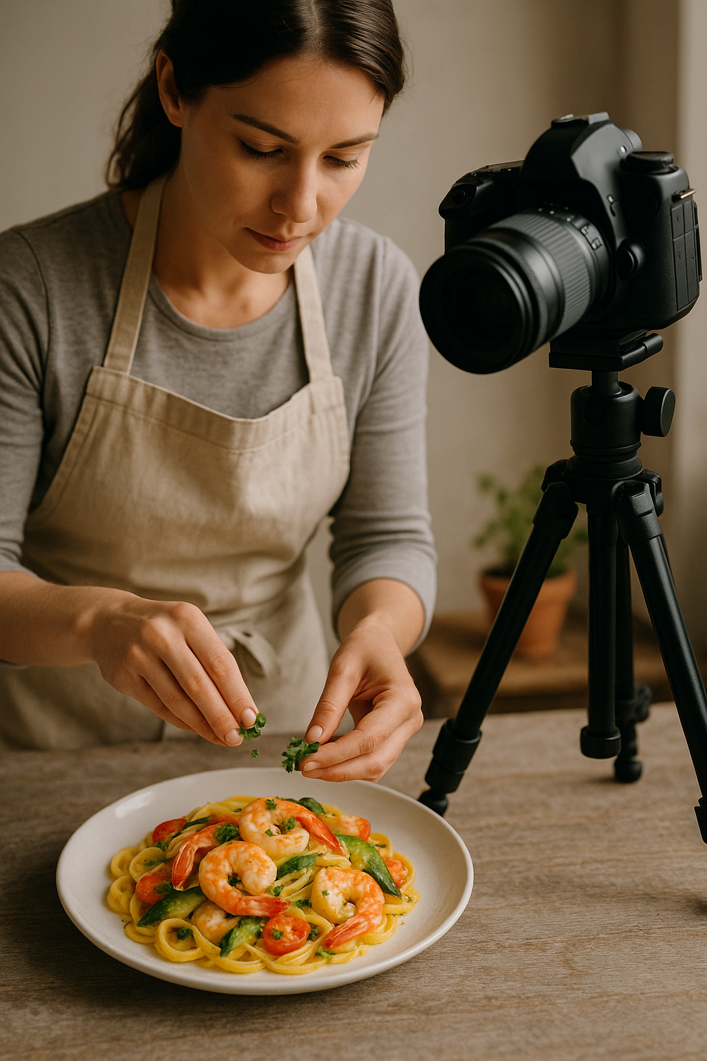 Foodstylistin arrangiert ein Gericht auf dem Teller.